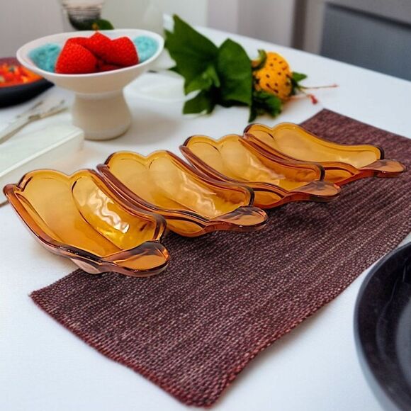 4 Amber Glass Banana Split Boat Sundae Dishes Set Vintage 70s 80s‎ Indiana Glass - Picture 13 of 16